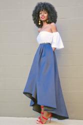 Short Off The Shoulder Top + High Low Tea Length Skirt