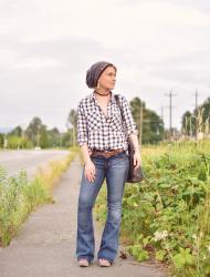 Formula one:  flare jeans, plaid flannel shirt, and mohair beanie