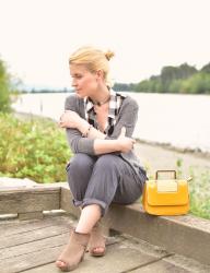 Hello yellow:  boyfriend trousers, plaid button-front shirt, open-toe booties and patent yellow mini-bag