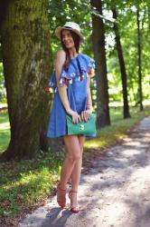 one shoulder denim dress with colorful tassels