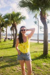 Travel: Araha beach sunset in lemon print swimsuit