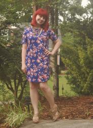 Work Outfit: Blue Floral Curved Hem Shift Dress with Nude Peeptoe Heels