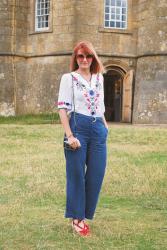Embroidered Greek-Style Top and Denim at Broadway Tower, the Cotswolds + the #iwillwearwhatilike Link Up