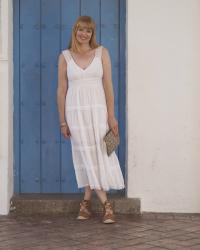 White Midi Dress and Tan Espadrilles