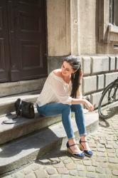 Outfit: off shoulder blouse, skinnies and espadrilles