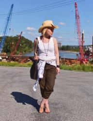 On the river:  slouchy cargos, boyfriend tank, strappy sandals, and a cowboy hat