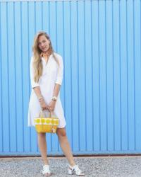 WHITE DRESS, BLUE WALL