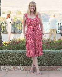 Red Fifties Style Sundress with Synchronised Swimmers Print.