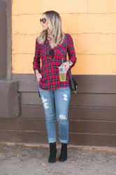 back to school outfit: red lace-up plaid
