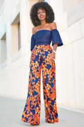 Short Off-the-shoulder Top  + Floral Print Wide Leg Pants