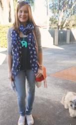 Skinny Jeans, Printed Scarves and Cardigans with Rebecca Minkoff Red Saddle Bag