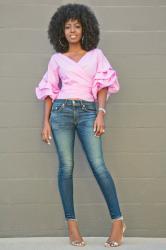 Ruched Sleeve Wrap Blouse + Ankle Length Jeans