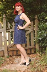 Work Outfit: Dark Blue Lace Dress with White Strappy Sandals