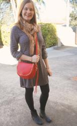 Neutral Outfits with a Red Rebecca Minkoff Cross Body Saddle Bag: Printed Dress and Flared Jeans