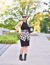 Autumn rising:  black halter dress with a waist-wrapped plaid shirt, grommet belt, and platform booties