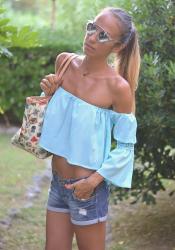 Top off the shoulders azzurro e shopping bag Divo Diva 