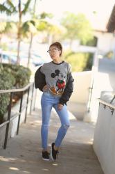 Mickey Mouse Graphic Tee, Bomber Jacket, Ripped Jeans and Sneakers for Back to School