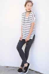 Striped Linen Shirt and Distressed Black Jeans for Back to School