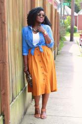 Orange Midi Skirt + Denim Top