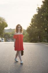 outfit: red off the shoulder dress