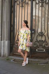 Outfit: lemon print off shoulder dress, Teva flatforms