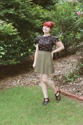 Outfit: Fox Print Top with a Khaki Green Lace Skater Skirt