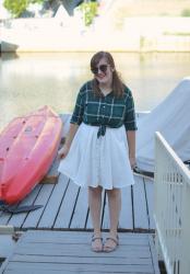 Green Plaid Button Down + White Dress