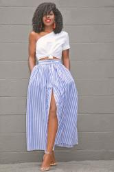 One Shoulder Cotton Top + Striped Button Down Skirt