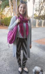 Skinny Jeans, Prints and Cosy Cardigans with Magenta Balenciaga Day Bag