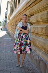 floral midi skirt and dark blue top