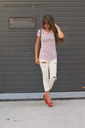 Old Tee White Distressed Jeans and Red Mules