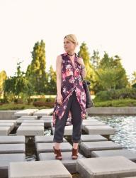 Against the flow:  tunic-length floral blouse, boyfriend trousers, and suede open-toe stiletto shoes