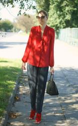 1067 ==> eleganckie spodnie Esmara Premium i czerwona koszula z lumpeksu