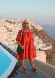 Lady in Red over Santorini
