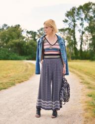 Falling out:  Palazzo pants, striped tank, denim jacket, and cut-out booties 