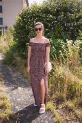 Outfit: off shoulder maxi dress, Teva flatforms