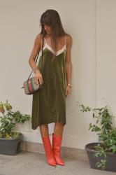 Back to School Velvet Khaki Dress and Red Isabel Marant Booties ♥ Transitional Dressing Inspo