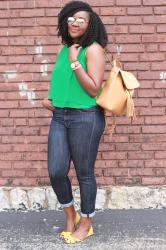 Dark Skinny Denim + Green Top