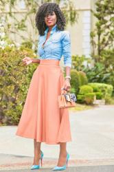 Fitted Denim Shirt + Midi Swing Skirt