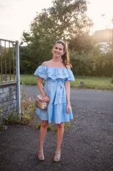 Outfit: blue ruffle off shoulder dress