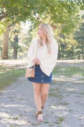 Repeat Offender: White Bell Sleeve Top & Denim Skirt