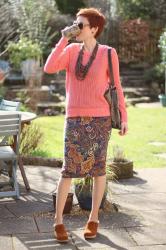 Paisley Pencil Skirt and Tan Clogs. Easy Daywear.