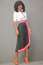 Button Down Shirt + Contrast Wave Midi Skirt