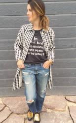 Vintage Tee, AG Denim, J.Crew Gingham Trench & Celine Brogues