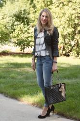 White Plaid Blouse and Moto Jacket