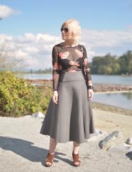 Growth Factor:  Flared midi skirt, sheer floral top, and leopard backpack