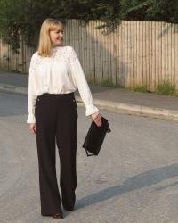 The Marks and Spencer Autumn Collection: Wide Legged Trousers, Romantic White Blouse and Strappy Leopard Heels