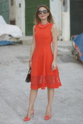 Coral red midi dress: matchy matchy outfit