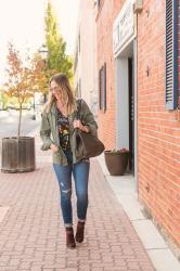 fall outfit essentials: utility jacket, dark floral and booties
