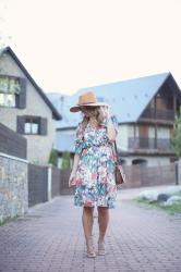 DRESS WITH FLOWERS + LACE UP SANDALS